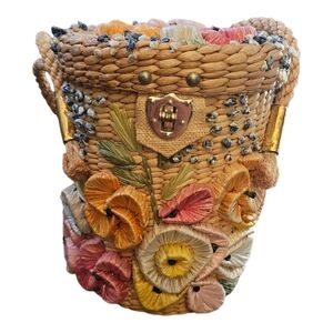 Vintage Woven Floral Straw Bucket Bag Purse Boho 1950's-1960's